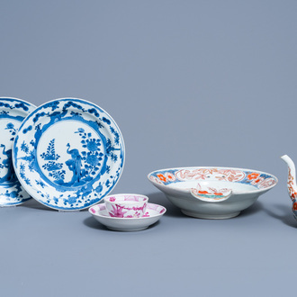 A pair of Japanese blue and white Arita plates, an Imari barbers' bowl and jug and a Chinese cup and saucer with floral design, 17th C. and later