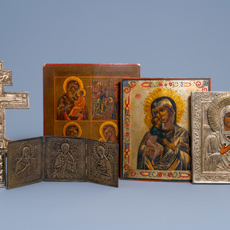 Three Russian icons, one with oklad or riza, a three-piece travel icon and an icon cross, 19th/20th C.