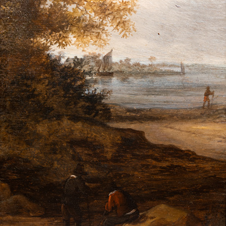 Dutch school: Landscape with men resting on the banks of the water, oil on panel, 17th C.