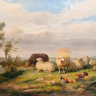 Attributed to Cornelis Van Leemputten (1841-1902): Sheep and chickens in a meadow, oil on canvas