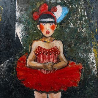 French-Japanese school, illegibly signed: Moulin Rouge dancer, oil on canvas, dated (19)83