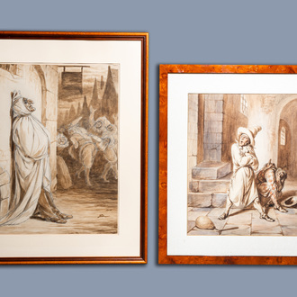 European school: Characters from the commedia dell'arte, mixed media on paper, 19th/20th C.