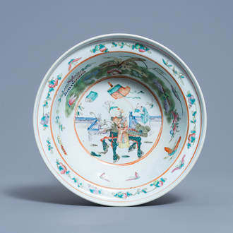 A Chinese famille rose bowl with a qilin and playing children, 19th C.