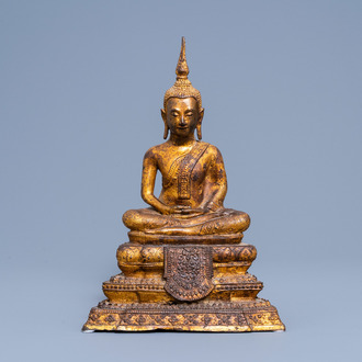 A Thai gilt bronze figure of Buddha Maravijaya on a lotus throne, Rattanakosin, 19th C.