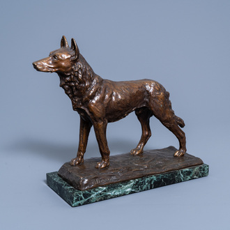 Paul Édouard Dreux (1855-1947): A sheepdog, brown patinated bronze on a vert de mer marble base