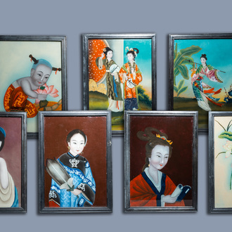Chinese school: Seven portraits of ladies and girls, reverse glass paintings, 20th C.