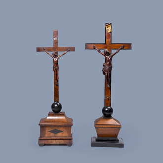 Two large inlaid wood crucifixes with carved Corpus Christi, France or Flanders, 18th/19th C.
