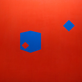Lauri Laine (1946): 'Red boxes with little blue diamond & big red diamond', oil on canvas