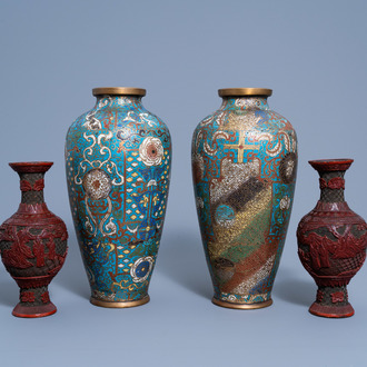 Two Chinese cloisonné vases and a pair of carved cinnabar lacquer vases with figures in a landscape, 19th/20th C.