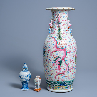 A Chinese famille rose 'dragons chasing the pearl' vase and two various blue and white and famille rose vases and covers, Kangxi and later