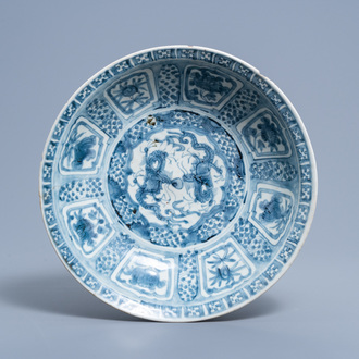 A Chinese blue and white Swatow 'dragons chasing the pearl' charger, Ming