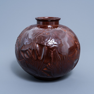A Japanese brown patinated bronze Art Deco vase with fish relief design, Showa, 20th C.