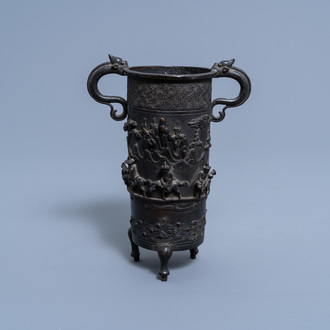 A Chinese bronze incense stick holder or brush pot with an animated relief scene, Qing