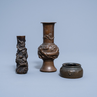 Two Chinese bronze vases and a water pot, Qing