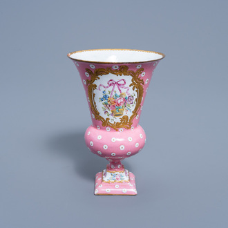 An English 'Rose Pompadour' style enamel urn with floral design, Battersea or Bilston, 18th C.
