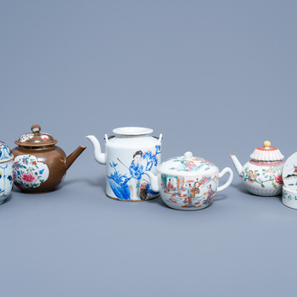 Ft)Four various Chinese famille rose teapots and covers, a bowl and cover with floral design and a 'qilin' box and cover, 18th C. and later