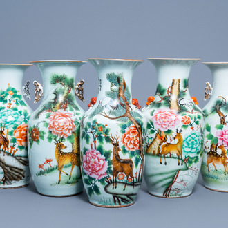 Five Chinese famille rose vases with deer and cranes among blossoming branches, 19th/20th C.