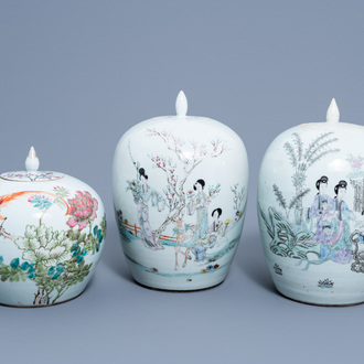 Three Chinese qianjiang cai jars and covers with ladies in a garden and a bird among blossoming branches, 19th/20th C.
