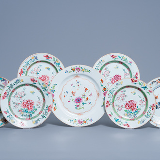 Seven Chinese famille rose and Imari style plates with floral design and a deer among blossoming branches, Yongzheng/Qianlong