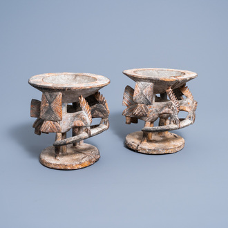 A pair of carved wood and polychrome painted 'Ifa divination' bowls with birds, Yoruba, Nigeria, 20th C.