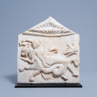 After the antique: A carved white marble alto relievo fragment depicting a nymph and a sea monster, Grand Tour, presumably 19th C.