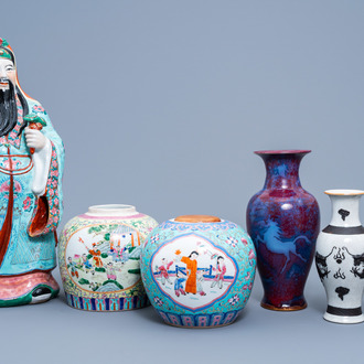 A Chinese famille rose 'Star god' figure and five polychrome vases and jars, 20th C.