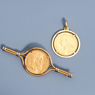 An 18 carat yellow gold pendant and a brooch set with a 1874 and 1914 Belgian 20 francs coin, 19th/20th C.