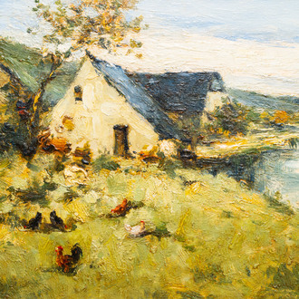 Henri van der Hecht (1841-1901): Landscape with chickens on the farmyard at the water's edge, oil on panel