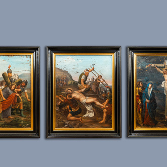 European school: Three Stations of the Cross, oil on canvas, 19th C.