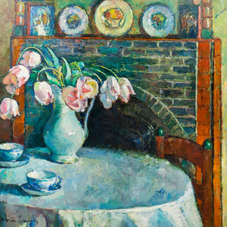 Marie Ingels (1884-1960): Interior with flower vase, oil on board