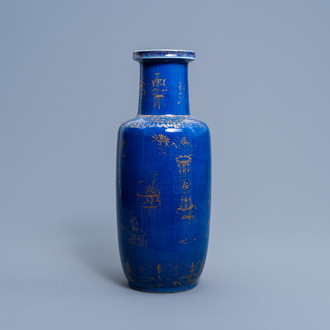 A Chinese powder blue and gilt 'antiquities' vase, 19th C.