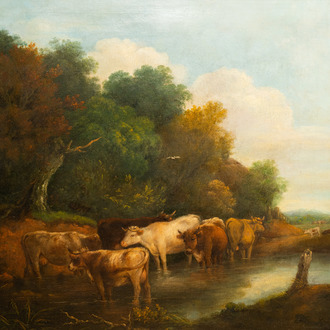 Dutch school, follower of Albert Cuyp (1620-1691): Cattle at a drinking place, oil on canvas, 19th C.