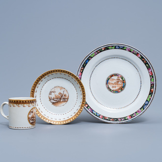 A Chinese famille rose plate with a river landscape for the Brazilian market and a cup and saucer with a fisherman, Qianlong