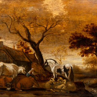 Dutch school: Taking care of the livestock, oil on panel, 17th C.