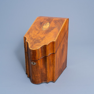 An English George III inlaid mahogany knife box, late 18th C.