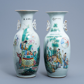 Two Chinese famille rose and qianjiang cai vases with figures in a garden, 19th/20th C.