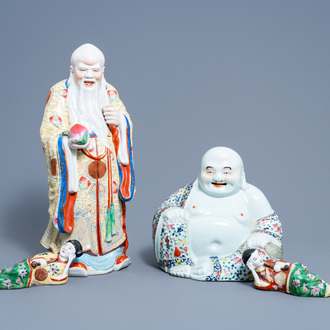 Four various Chinese famille rose figures of Shou Lao, a Buddha and a pair of opium smokers, 19th/20th C.