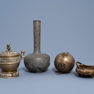 Two Chinese bronze censers, an incense ball and a pewter vase, 19th/20th C.