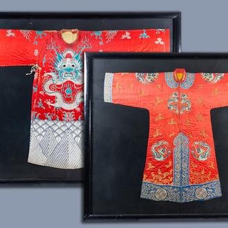 A pair of Chinese embroidered silk and silver and gold thread inlaid 'dragons' robes, 19th/20th C.
