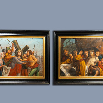 European school: Two Stations of the Cross, oil on canvas, 19th C.