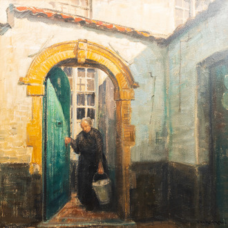 Pierre Verbeke (1895-1962): Lady with a bucket in her hand at the gate, oil on canvas