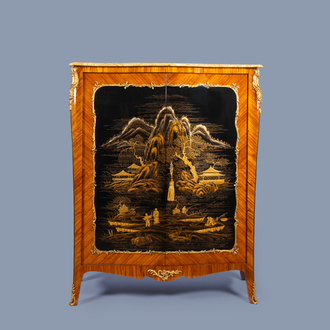 A French Louis XV style gilt bronze mounted 'chinoiserie' two-door cabinet with marble top, 20th C.