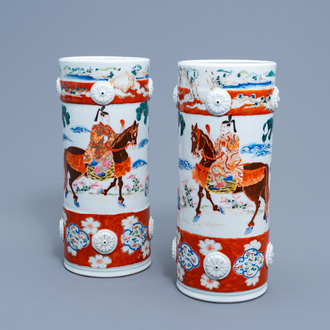 A pair of Japanese polychrome hat stand stands with figurative design all around, marked Fukagawa, Meiji, 19th C.