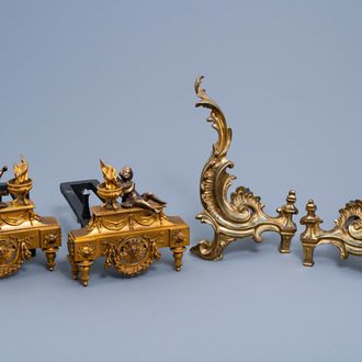 Two pairs of French Louis XV and XVI style gilt bronze and brass chenets, 19th/20th C.