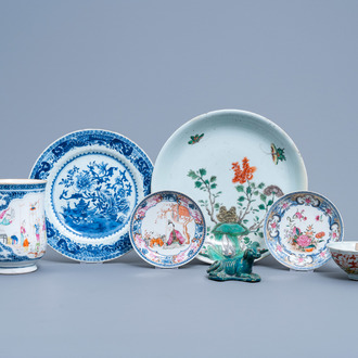 A varied collection of Chinese famille verte, famille rose, blue, white and monochrome porcelain, Kangxi and later