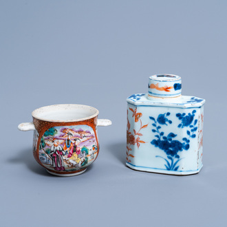 A Chinese Imari style tea caddy and a famille rose 'Mandarin' jar with shell handles, Qianlong