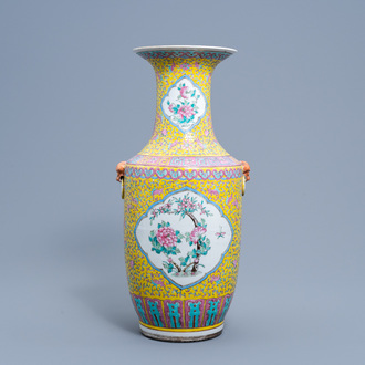 A Chinese famille rose yellow ground vase with floral design, Tongzhi mark and probably of the period