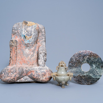 A Chinese jade bi disc, a jadeite censer and a Wei style sculpture, 20th C. and/or earlier