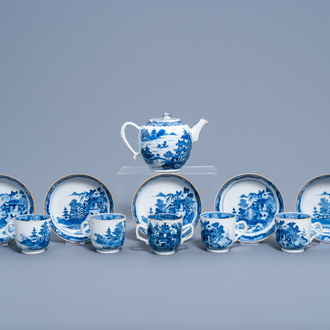 A Chinese thirteen-piece blue and white tea service with an animated landscape, Qianlong