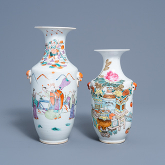 Two Chinese famille rose and qianjiang cai vases with antiquities and figures in a garden, 19th/20th C.